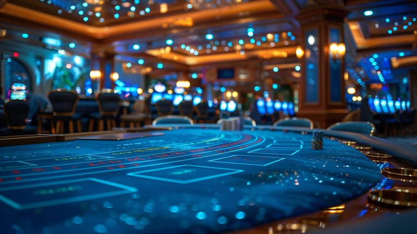 Tampilan meja permainan casino virtual dengan chip dan kartu di layar